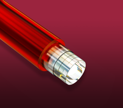 Close up of one red and one silver bare optical fiber