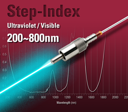 Step-Index ultraviolet/visible (UV/VIS) fiber optic cable with magenta light at the tip