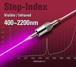 Step-Index visible/infrared (VIS/NIR) fiber optic cable with red light at the tip